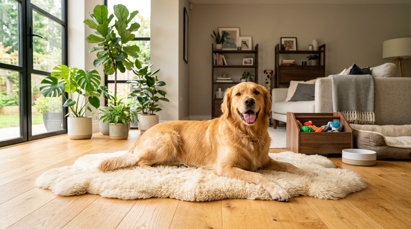 Happy Golden Retriever in Zoomies Cage-Free Boarding Room